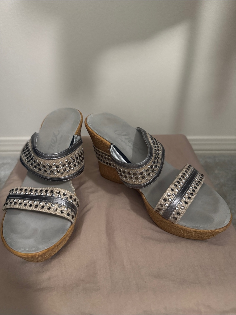Onex Silver Studded Two-Band Cork Wedge Sandals